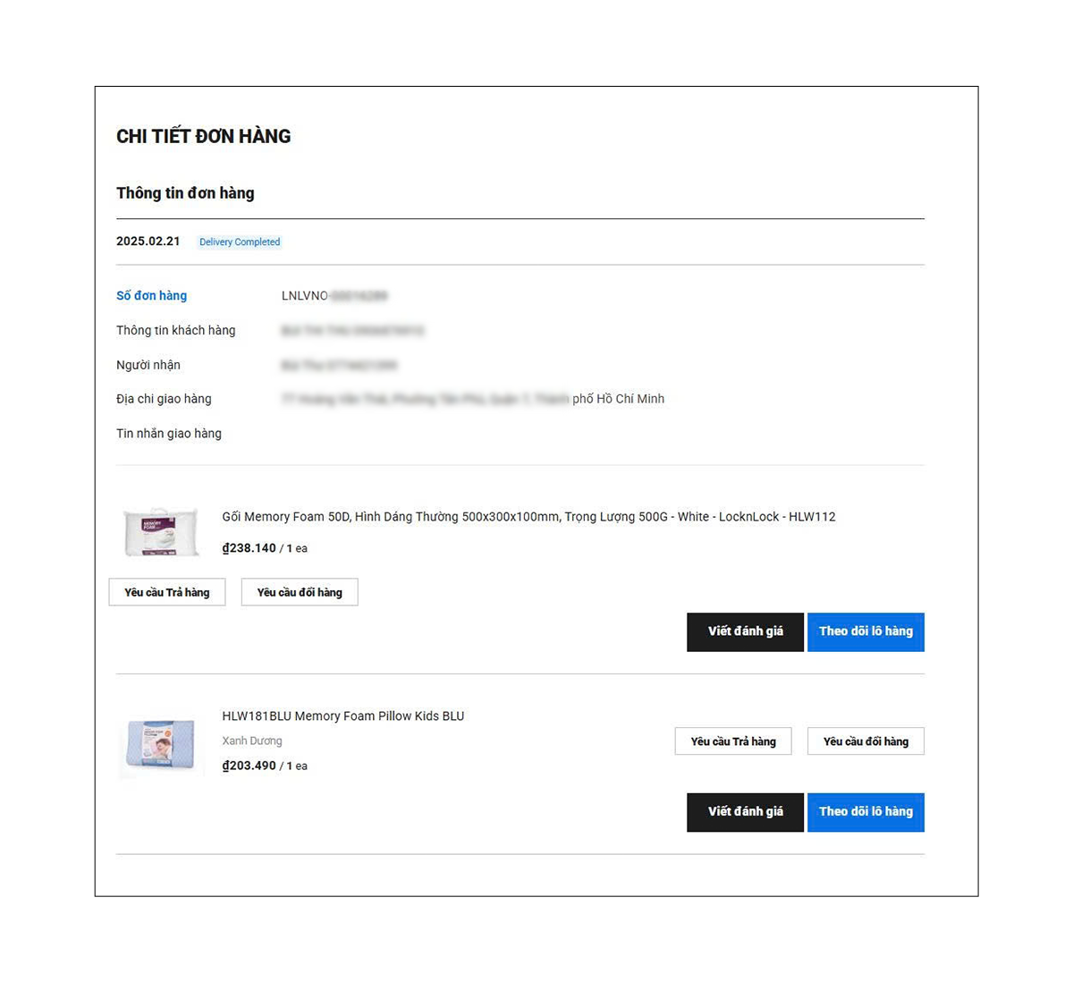 Đơn hàng tại website LocknLock